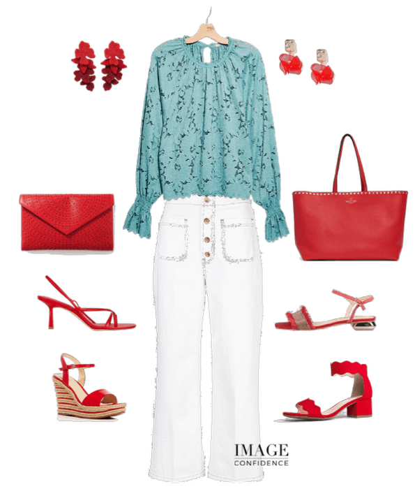 Festive outfit featuring white pants, mint coloured lace top, and various red shoe, handbag and earring selections.