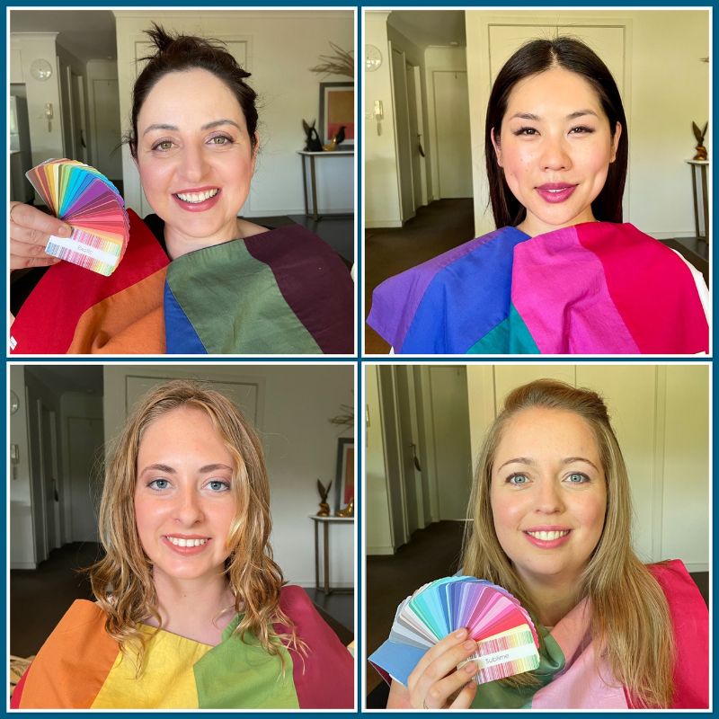 Four women have multiple coloured fabrics draped under their chins. They have each had a colour analysis to find their best colours.