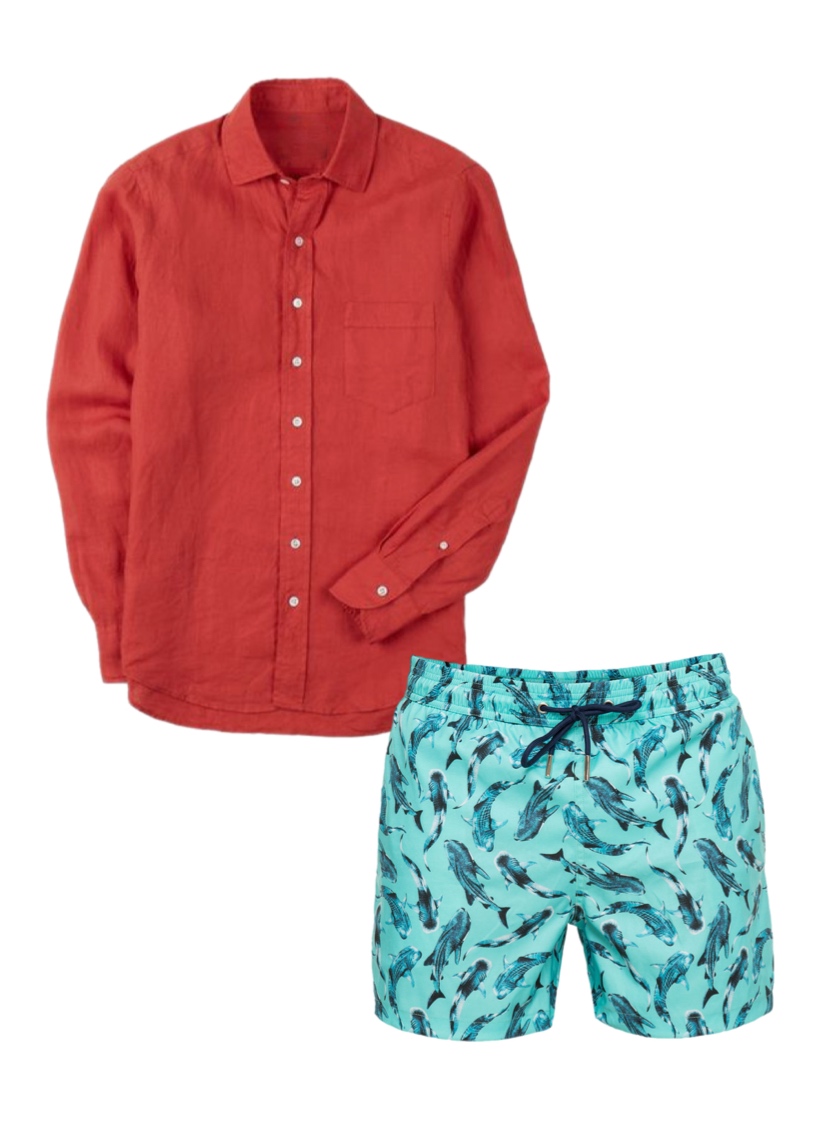 Here is a red linen shirt teamed with aqua green shorts. This is a striking colour combination.