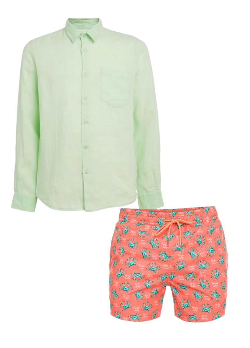 This is s picture of a mint green linen shirt with orange and green boardshorts.