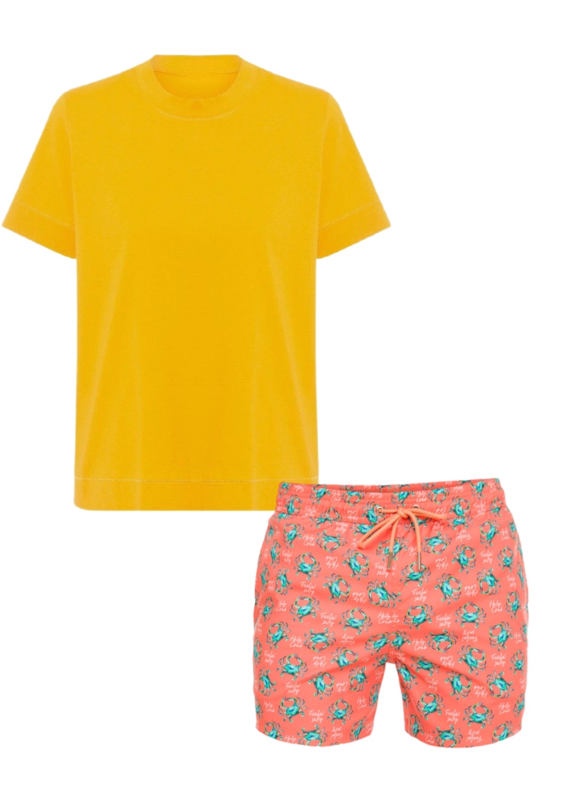 This is an image of a yellow tee shirt and orange and green boardshorts.